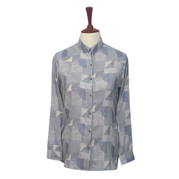 Womens Gray Chiffon Button Up Shirt Medium Abstract Geometric Dressy Blouse - Picture 1 of 7